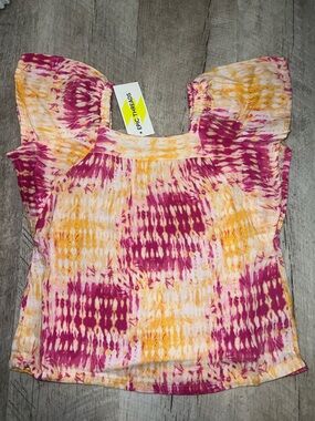 Epic Threads Pink & Yellow Tie-Dye Flutter Sleeve Blouse, XS (5/6)